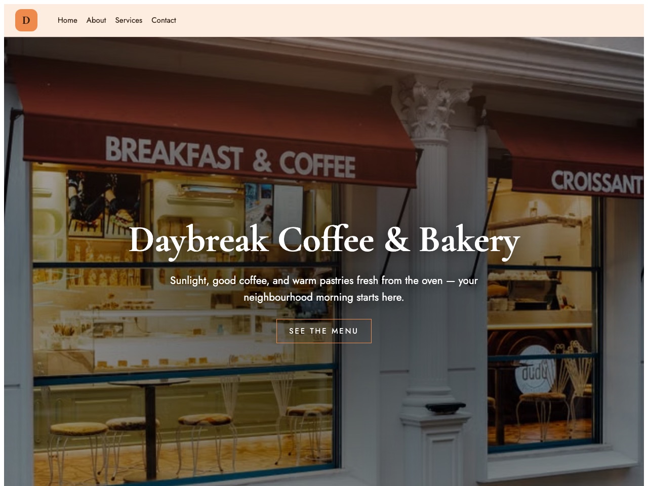 Daybreak Coffee & Bakery — a real site built by the AI