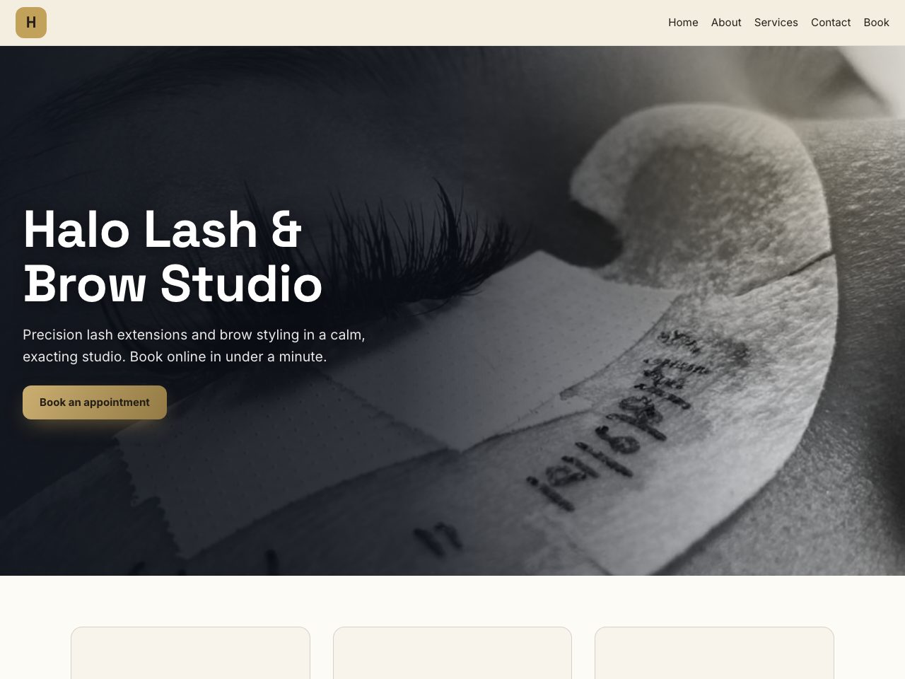 Halo Lash & Brow Studio — a real lash and brow studio site built by the AI