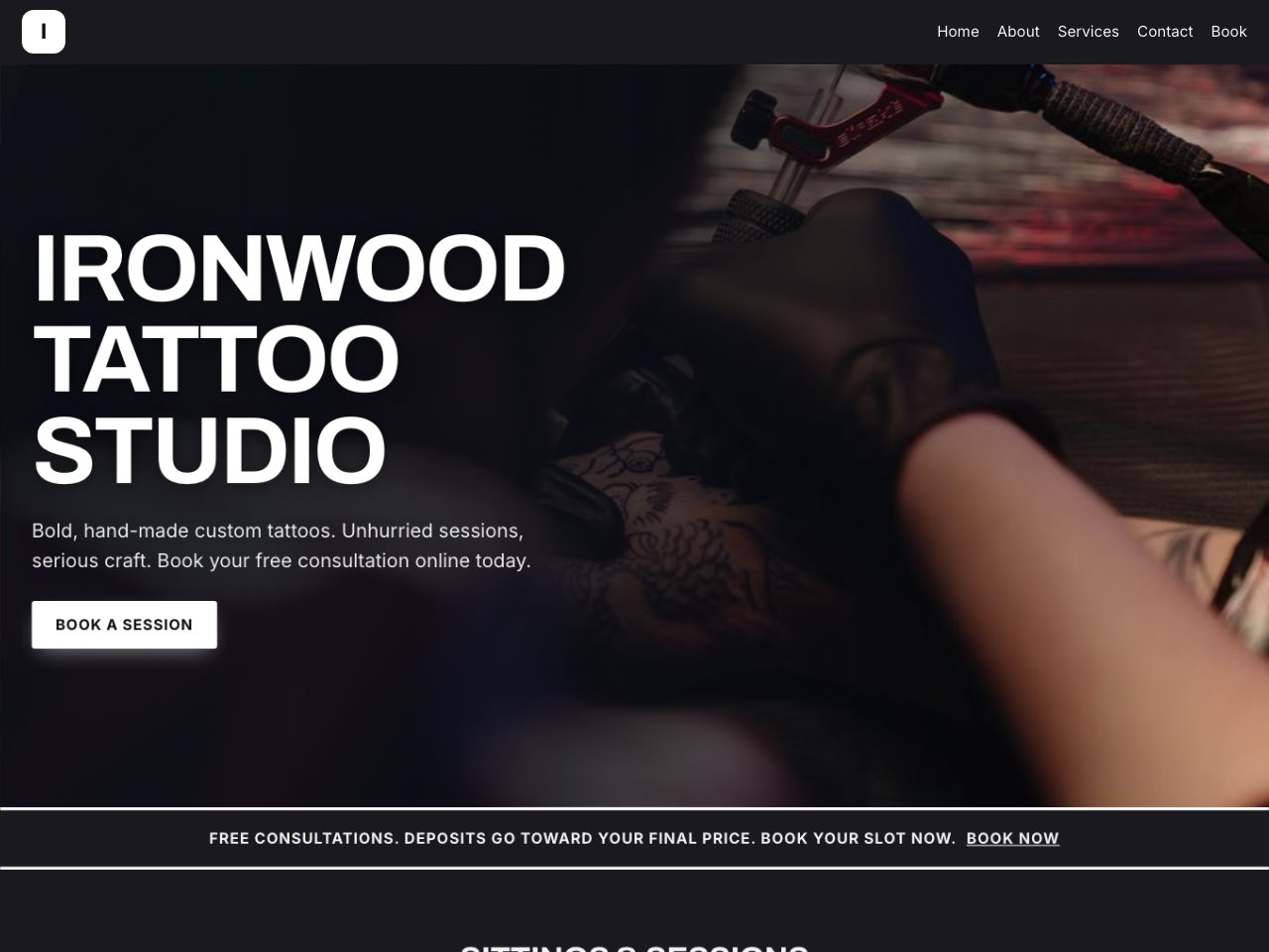 Ironwood Tattoo Studio — a real tattoo studio site built by the AI