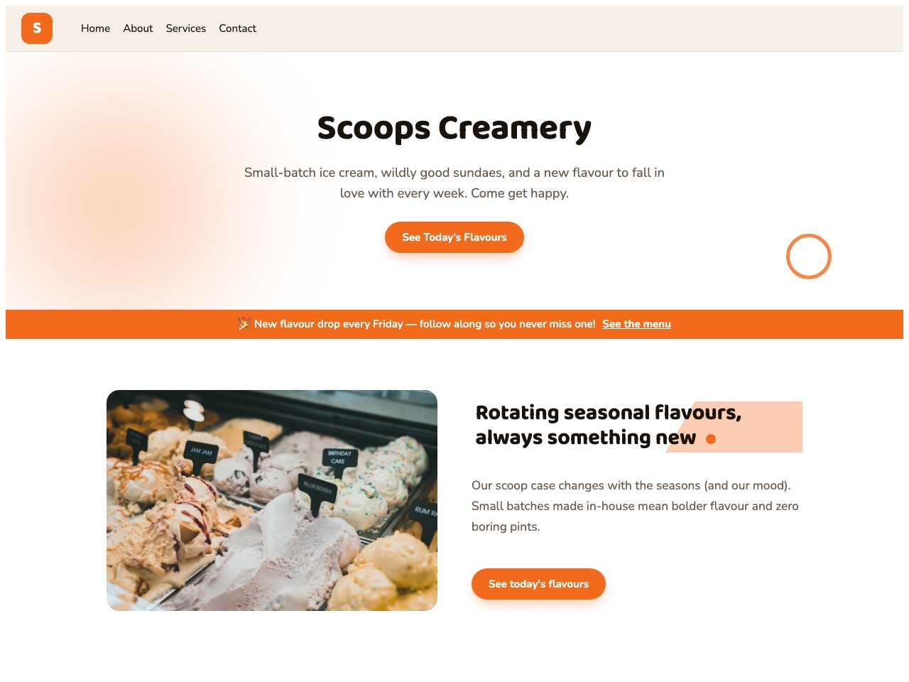 Scoops Creamery — a real site built by the AI