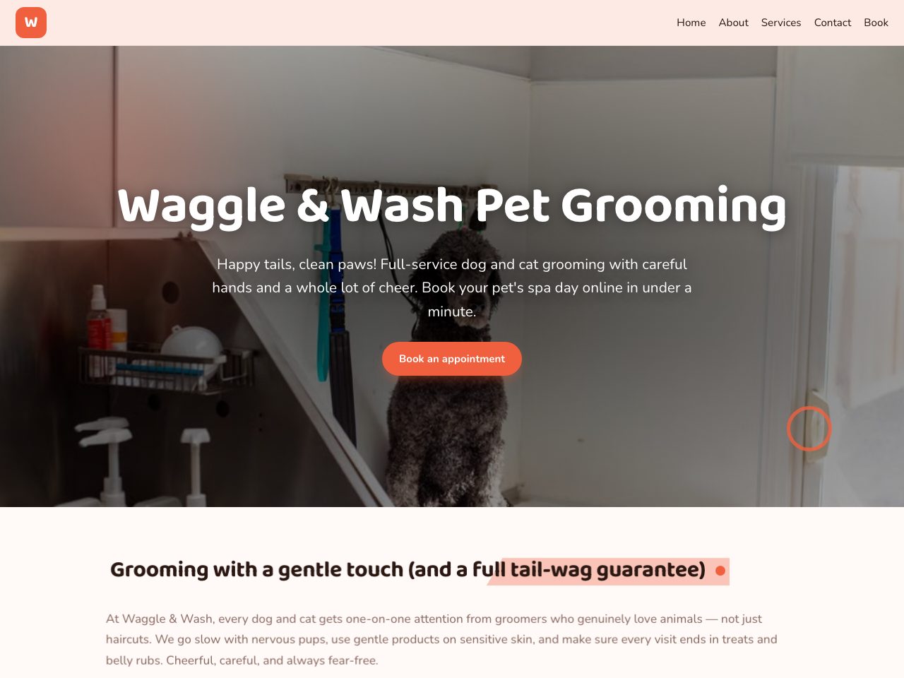 Waggle & Wash Pet Grooming — a real pet grooming salon site built by the AI