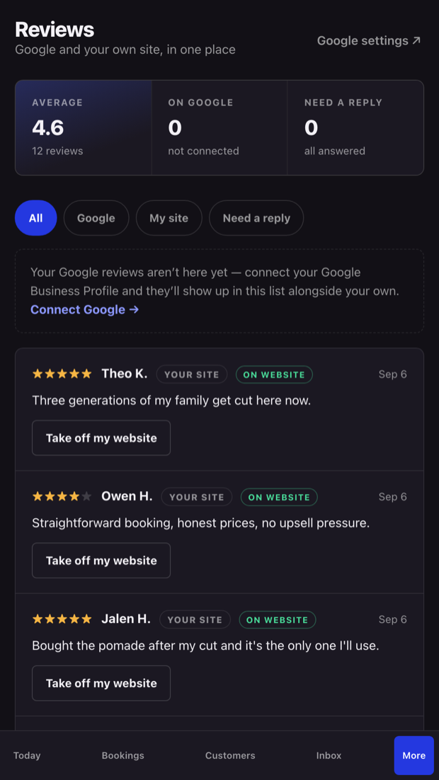 The Reviews screen in Get Booked HQ on a phone: a 4.6 average across 12 reviews, Google and site reviews side by side, each with a reply option.