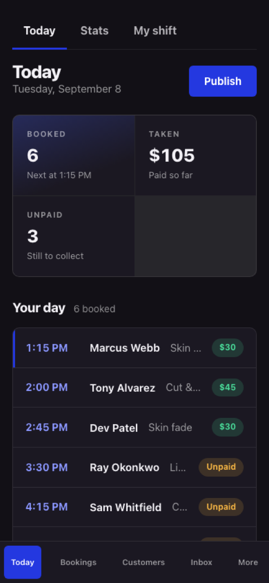 The Get Booked HQ Today screen on a phone: six bookings for the day, $105 taken, three still to collect, each row showing the time, the client and whether they have paid.
